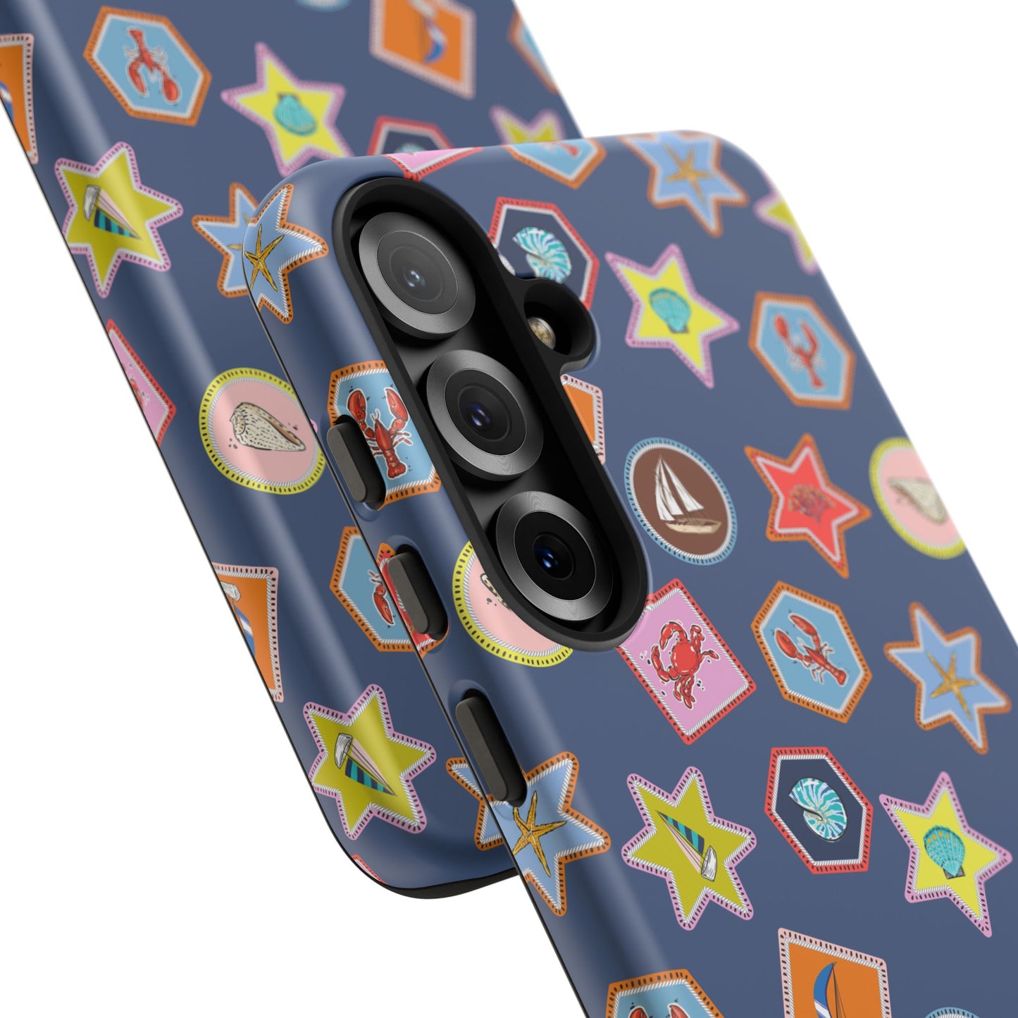 Lobsters Sailboats and Seashells on Navy Blue Phone Case