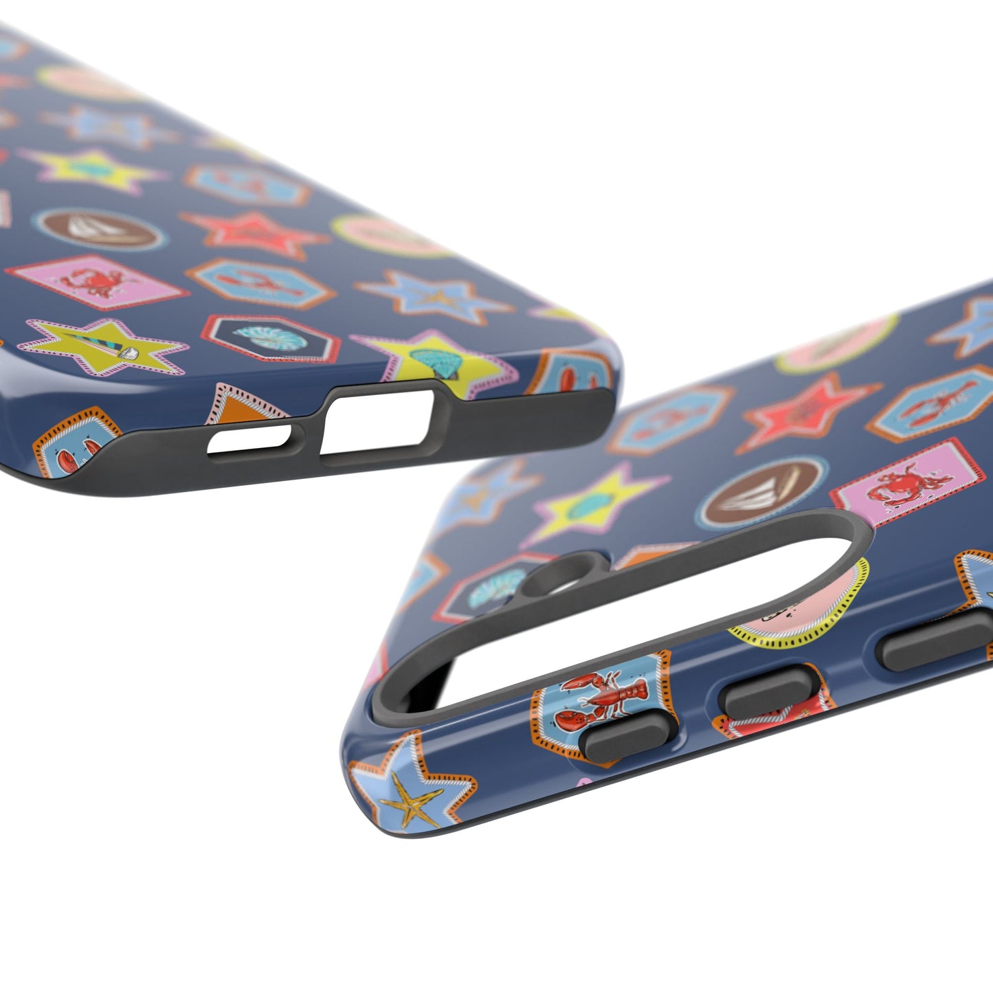 Lobsters Sailboats and Seashells on Navy Blue Phone Case