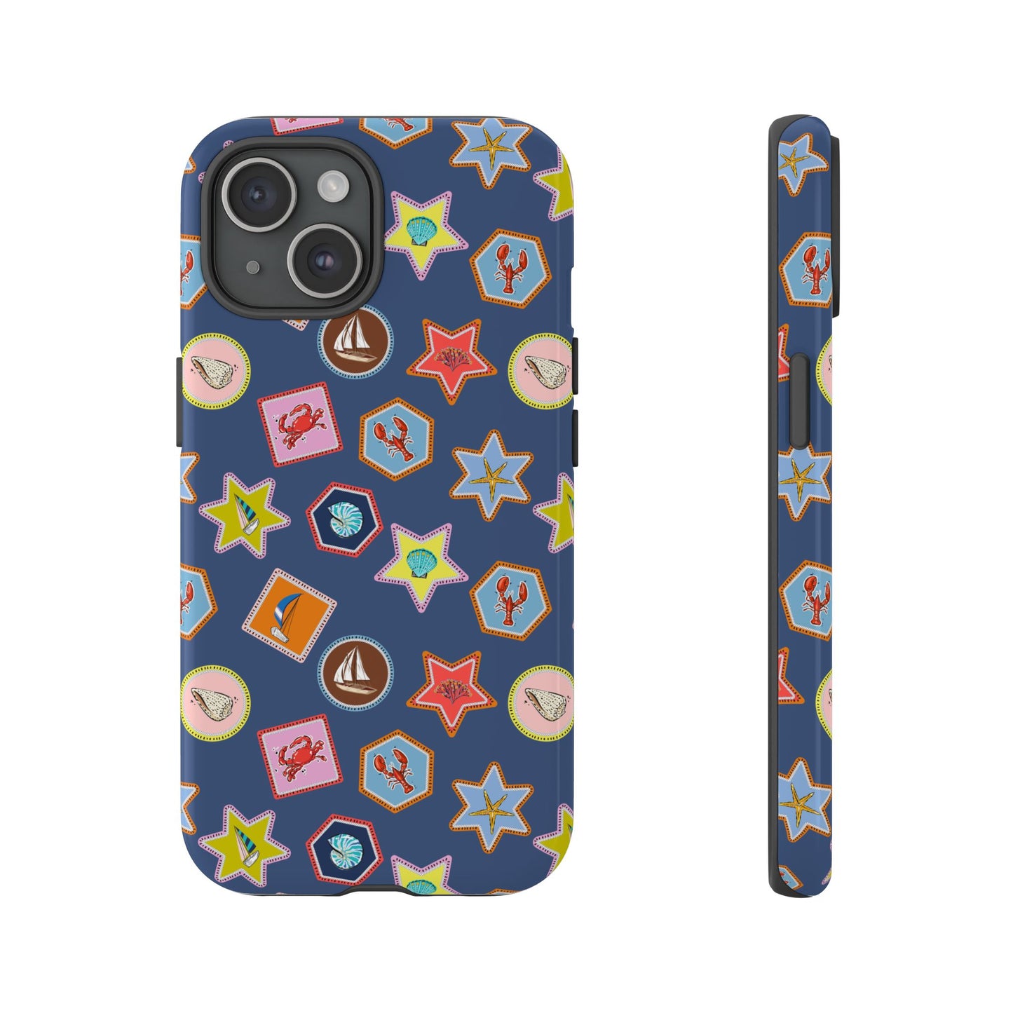 Lobsters Sailboats and Seashells on Navy Blue Phone Case