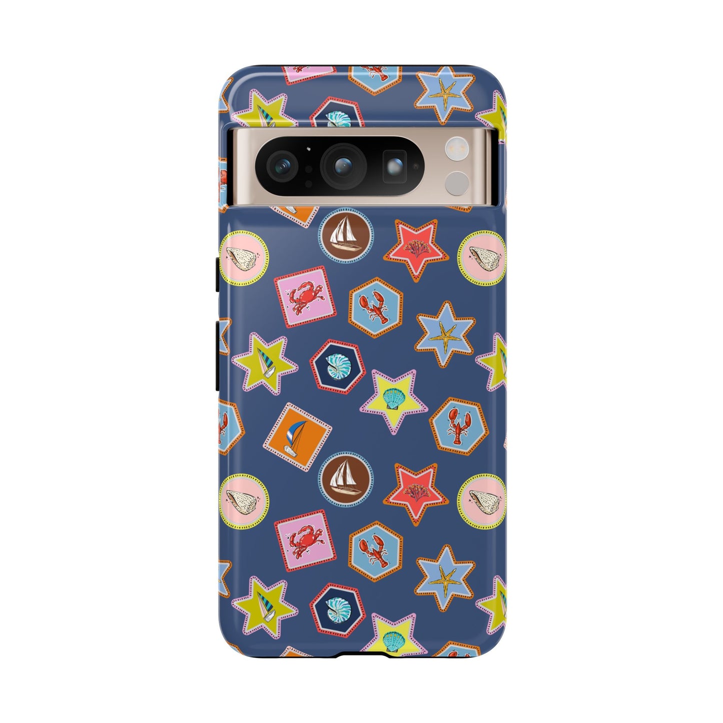 Lobsters Sailboats and Seashells on Navy Blue Phone Case