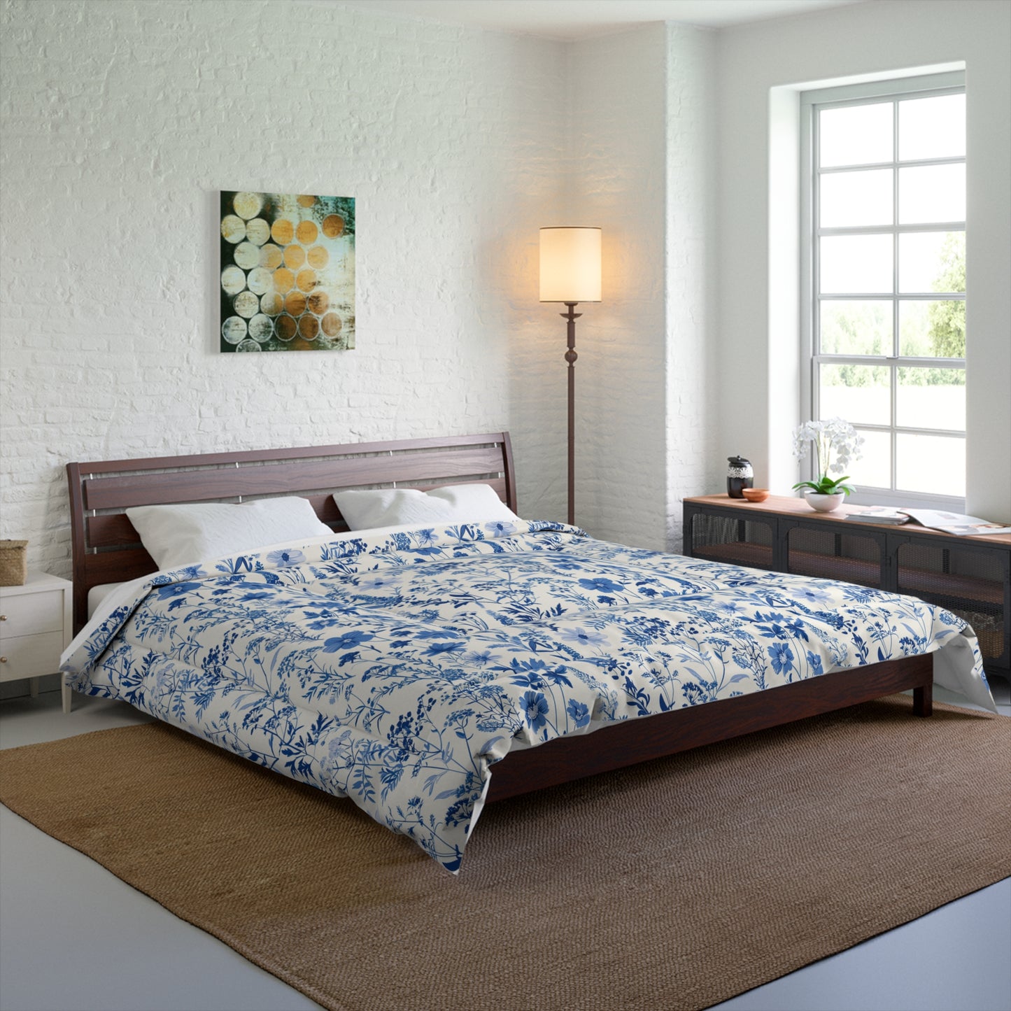 Blue Toile Floral Comforter - Cozy Bedding for Modern Bedrooms, Flower Pattern Bedspread, Spring Decor, Gift for Her