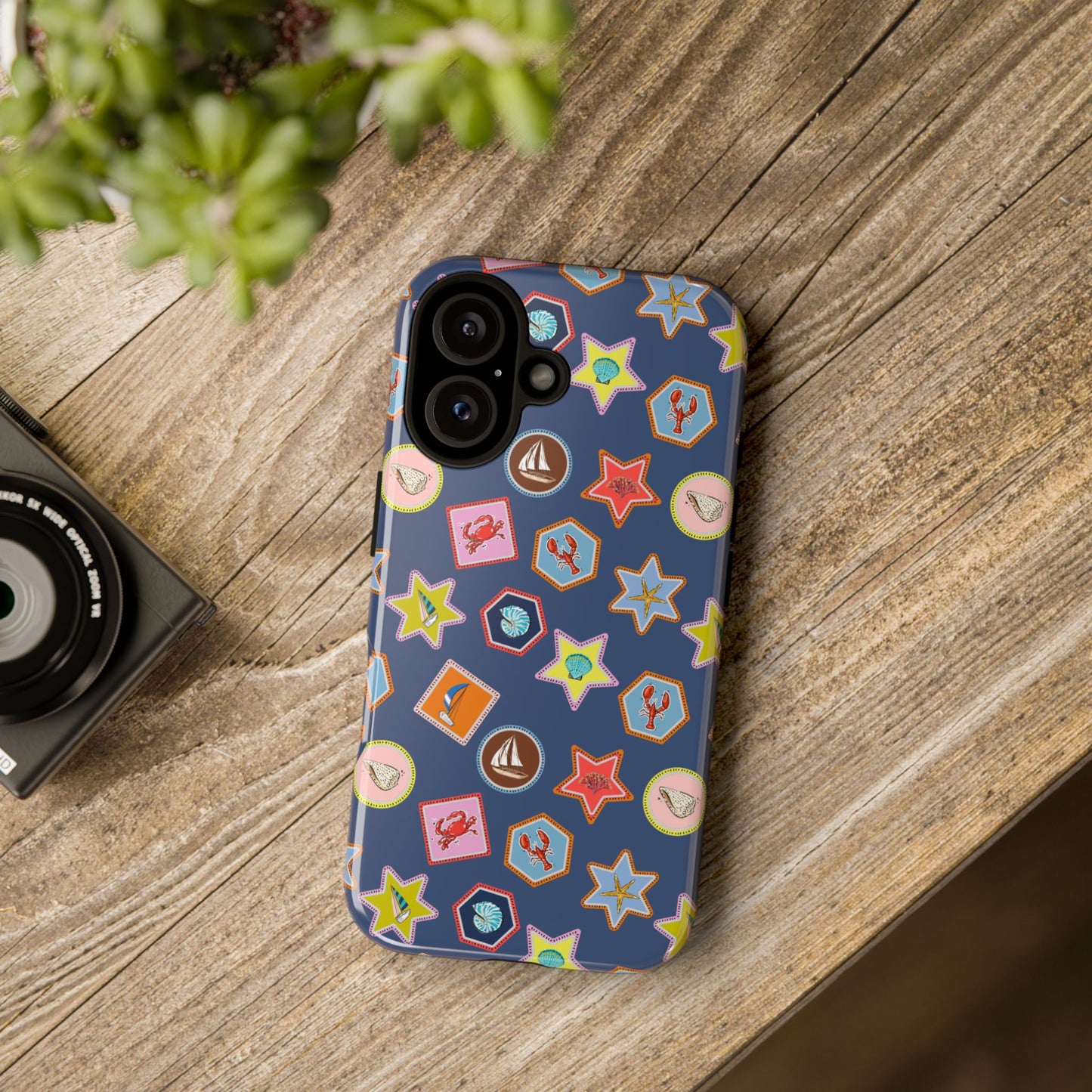 Lobsters Sailboats and Seashells on Navy Blue Phone Case
