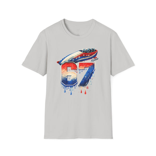 67 Bobsled Team USA T-Shirt - Patriotic Red White Blue Drip Graphic - Winter Sports Streetwear - Gildan Softstyle Men Women