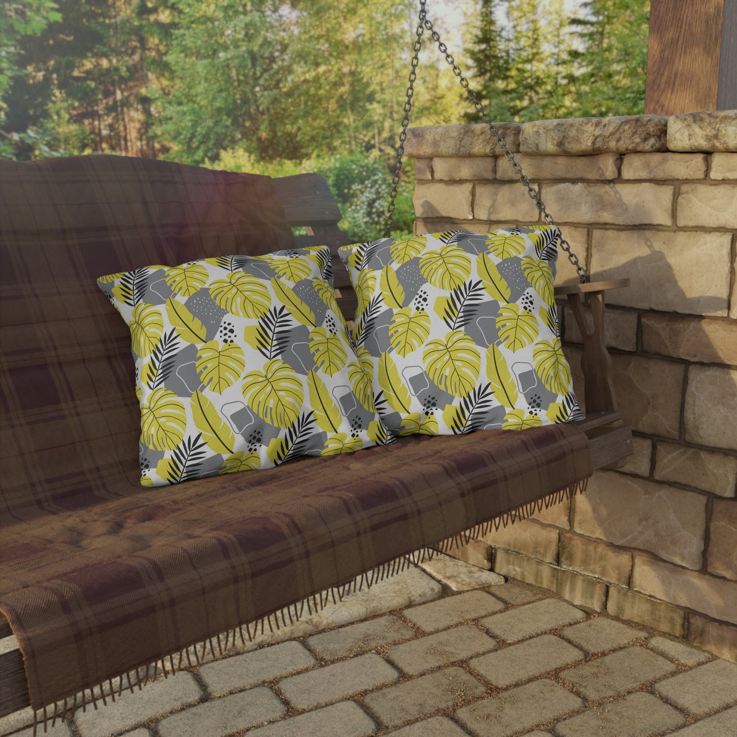 Outdoor Pillow - Yellow and Gray Tropical Leaf Throw Pillow