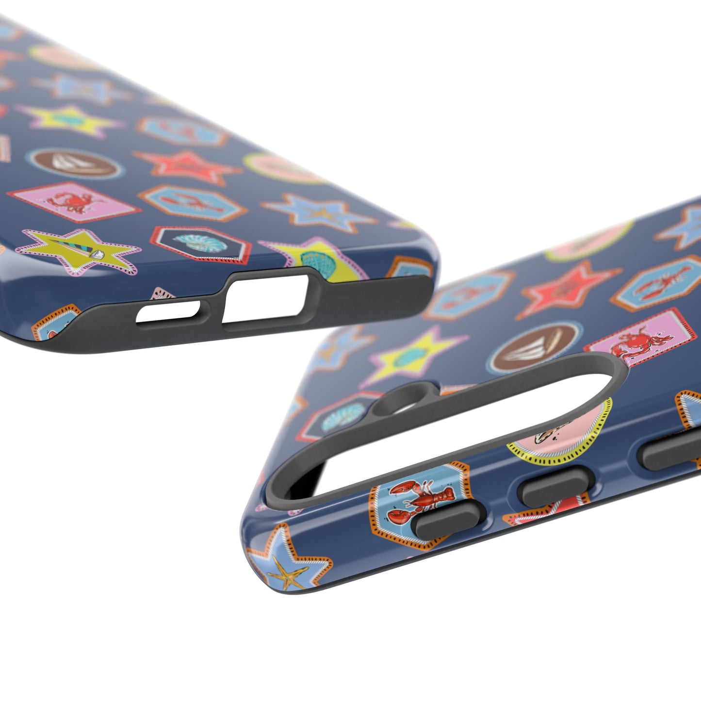 Lobsters Sailboats and Seashells on Navy Blue Phone Case