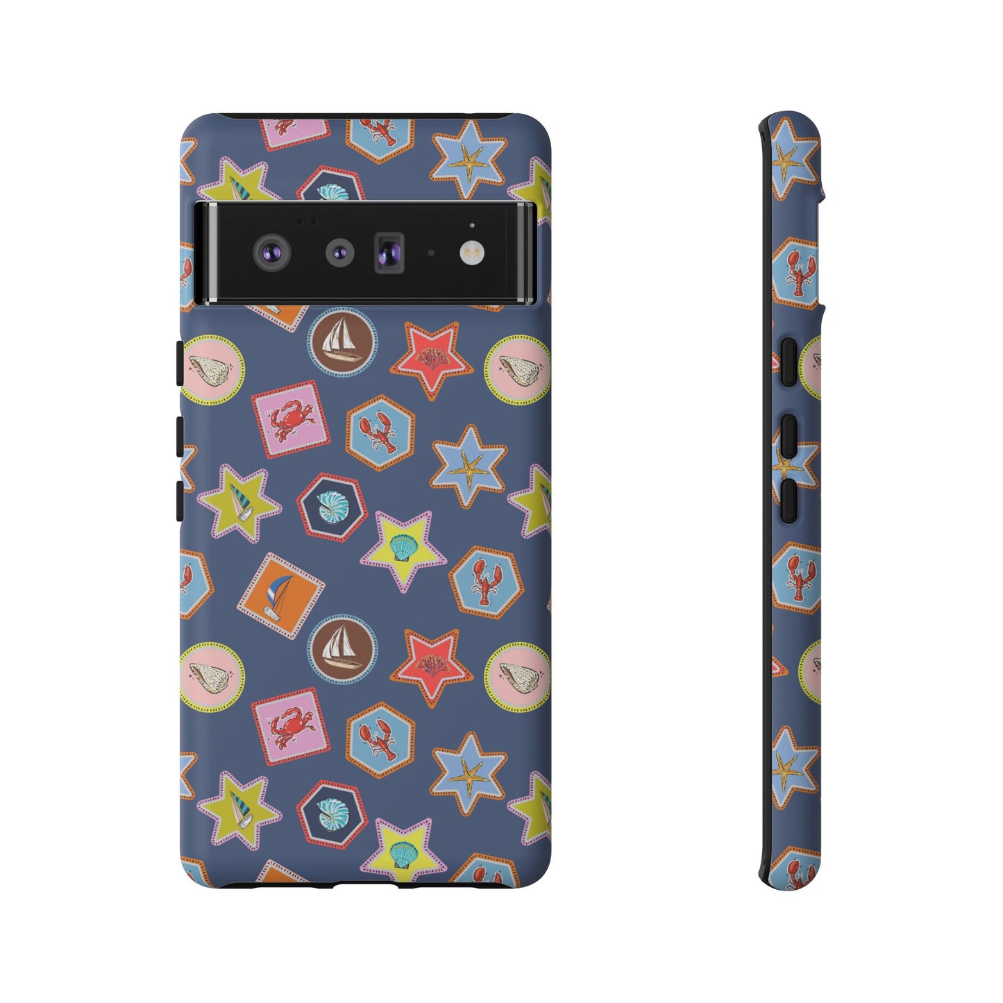Lobsters Sailboats and Seashells on Navy Blue Phone Case