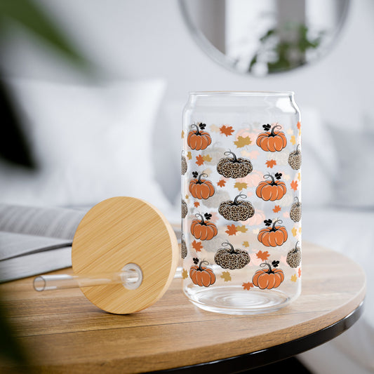 Pumpkin Themed - 16oz Glass With Lid and Straw