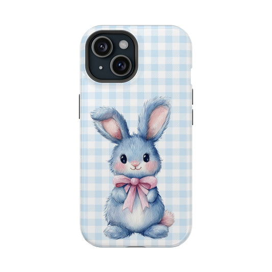 Cute Bunny on Blue Plaid MagSafe iPhone Case