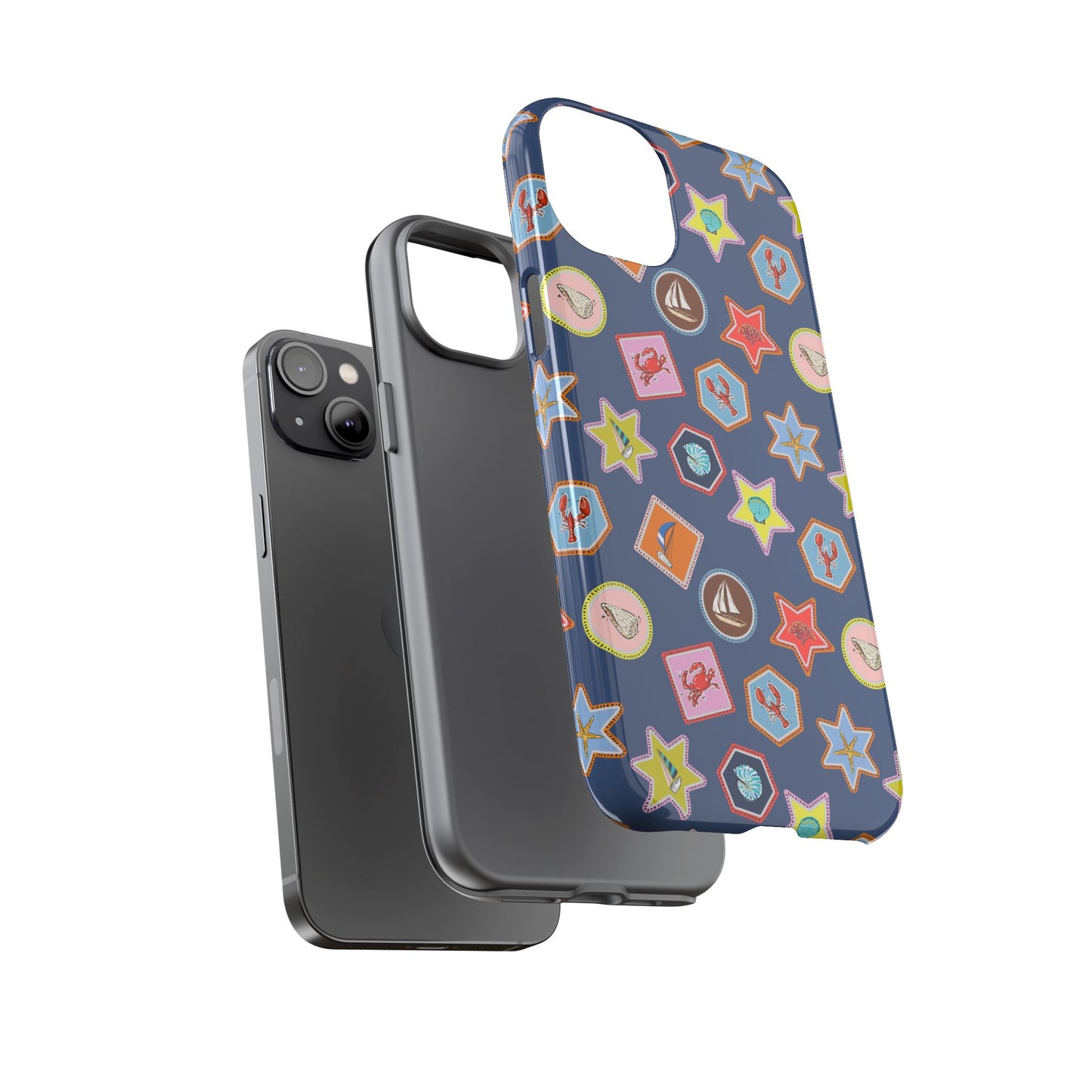 Lobsters Sailboats and Seashells on Navy Blue Phone Case