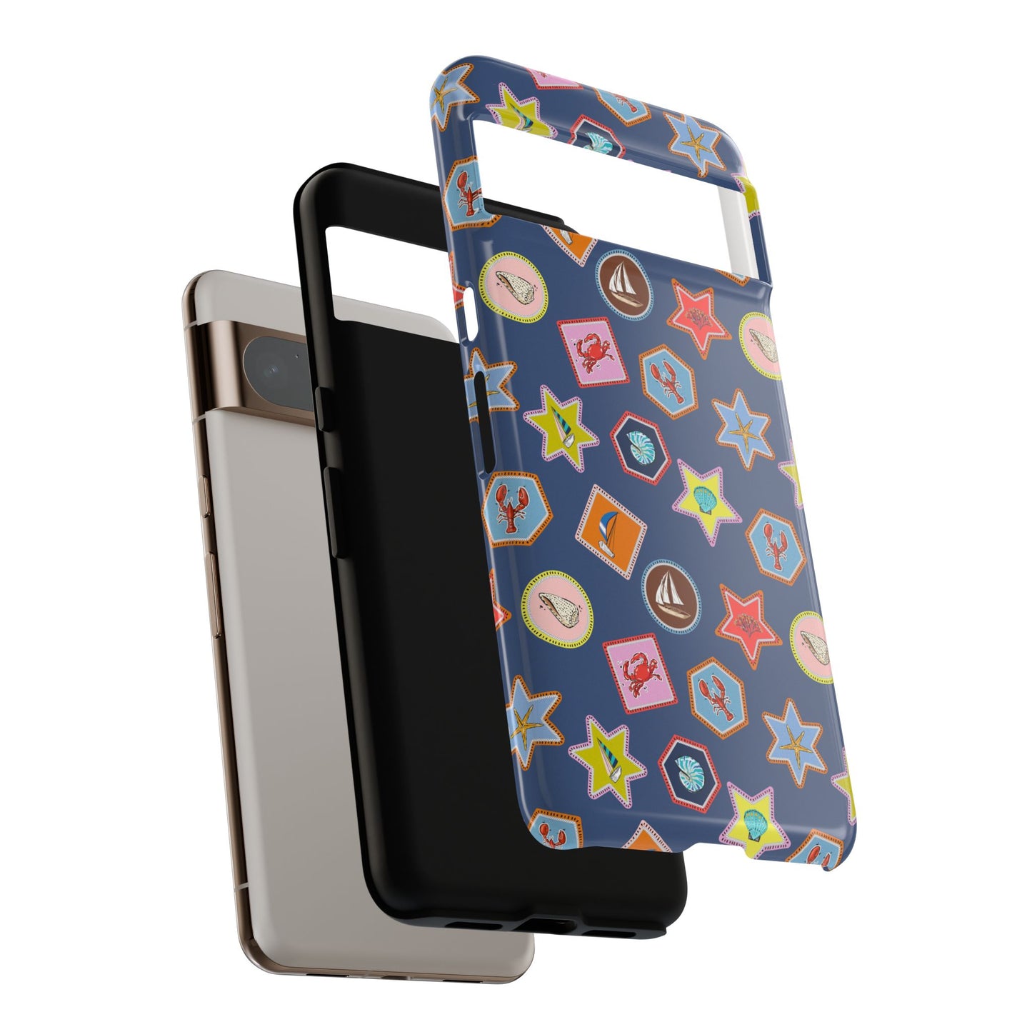Lobsters Sailboats and Seashells on Navy Blue Phone Case
