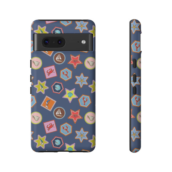 Lobsters Sailboats and Seashells on Navy Blue Phone Case