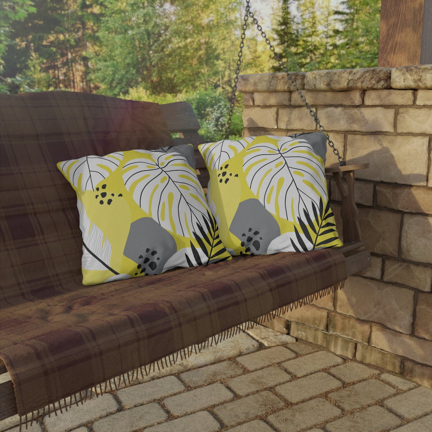 Yellow and White Palm Leaf Flora - Outdoor Throw Pillow