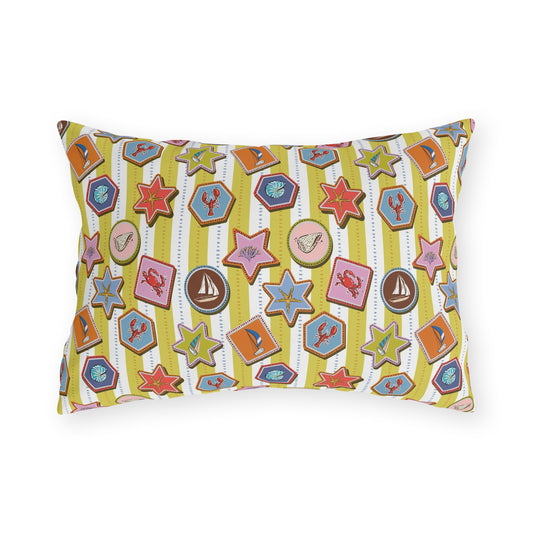 Coastal Nautical Outdoor Throw Pillow – Beach House Patio Cushion with Lobsters, Sailboats & Seashells