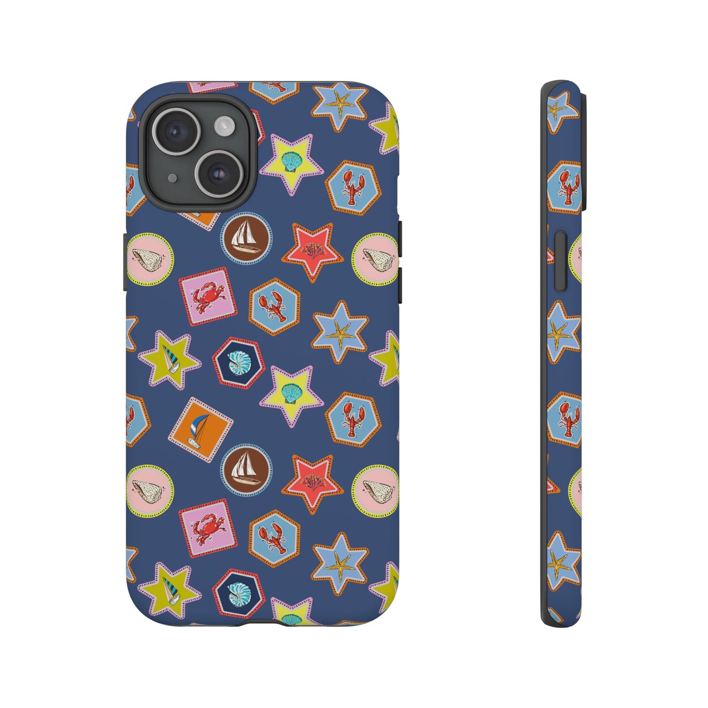 Lobsters Sailboats and Seashells on Navy Blue Phone Case