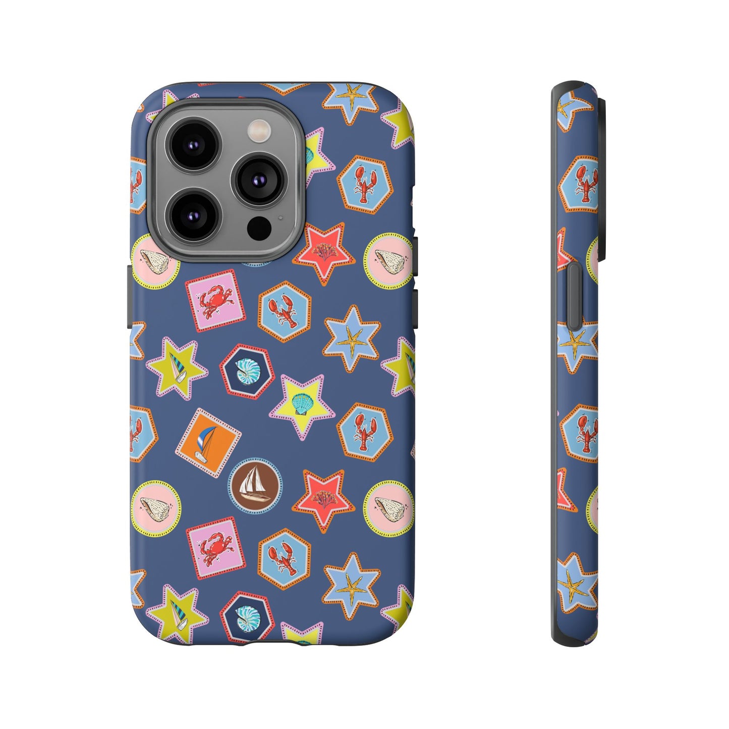 Lobsters Sailboats and Seashells on Navy Blue Phone Case