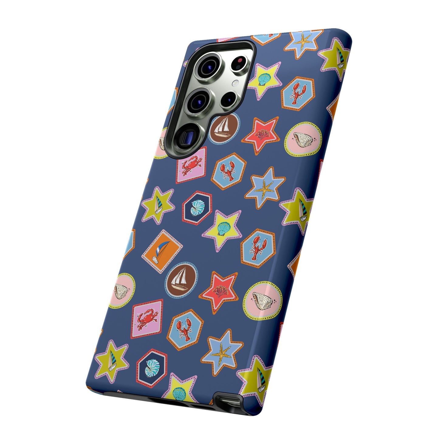 Lobsters Sailboats and Seashells on Navy Blue Phone Case