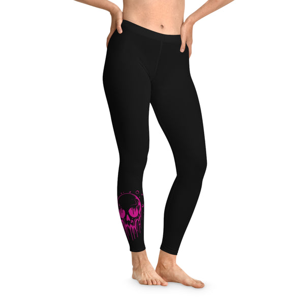 Neon Pink Drip Skull Leggings – Black Mid-Waist Activewear