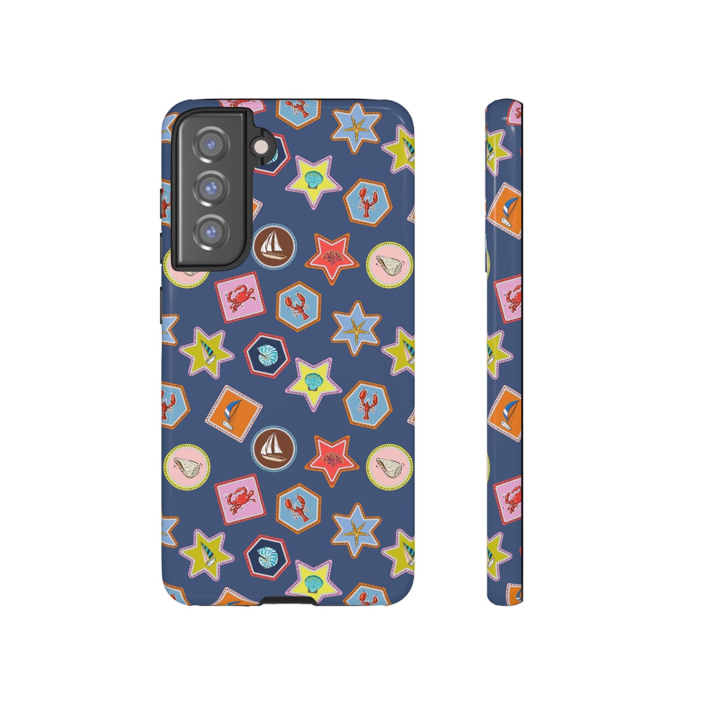 Lobsters Sailboats and Seashells on Navy Blue Phone Case