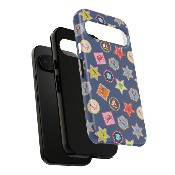 Lobsters Sailboats and Seashells on Navy Blue Phone Case