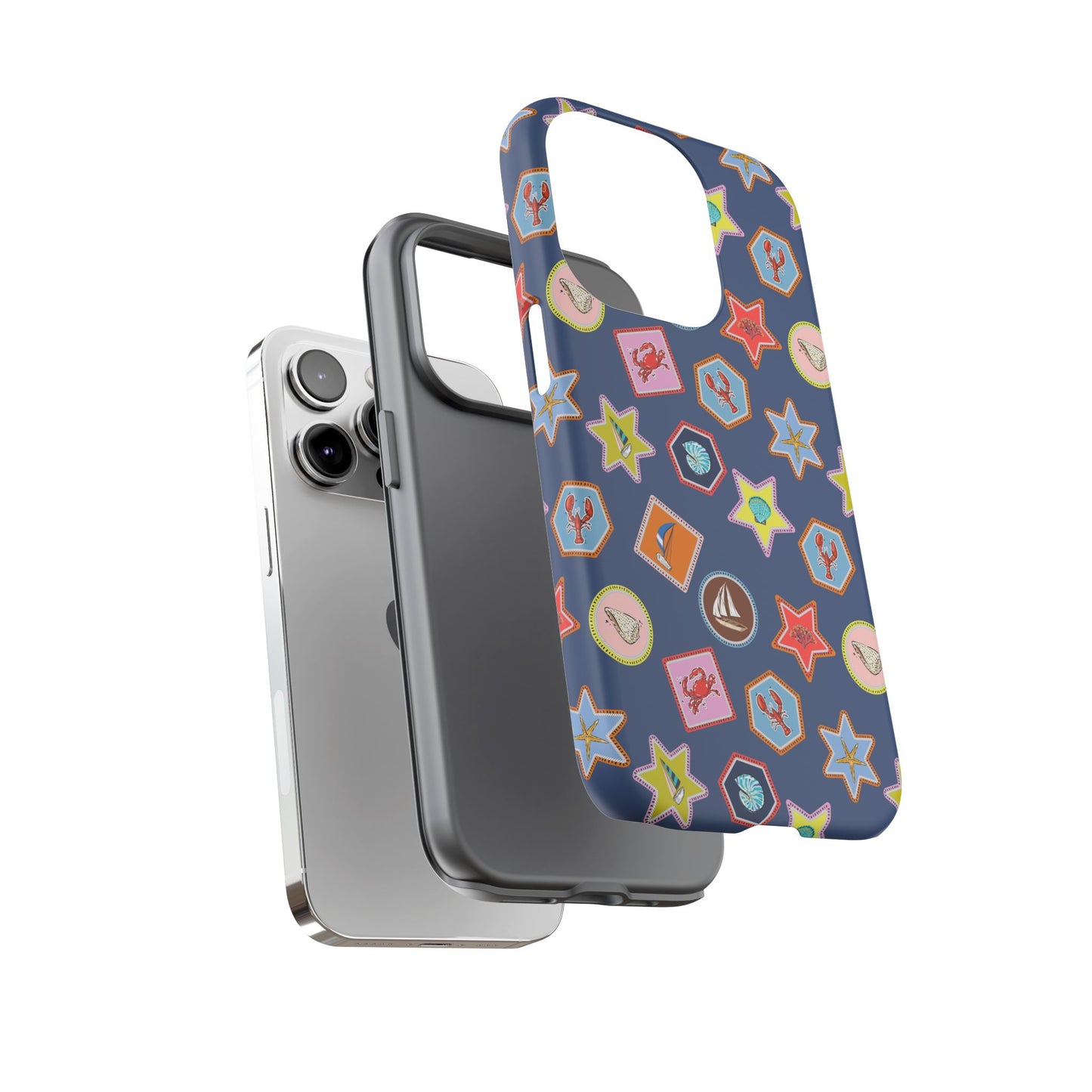Lobsters Sailboats and Seashells on Navy Blue Phone Case