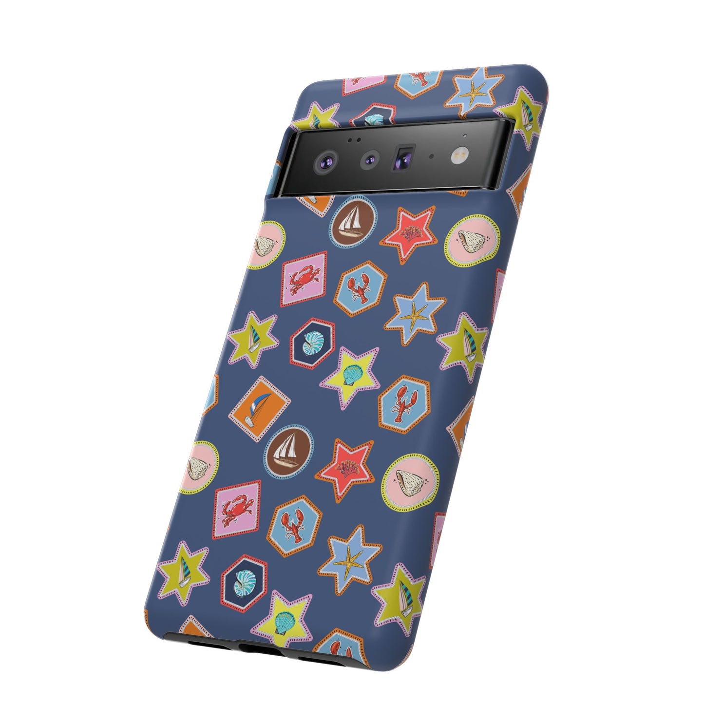 Lobsters Sailboats and Seashells on Navy Blue Phone Case