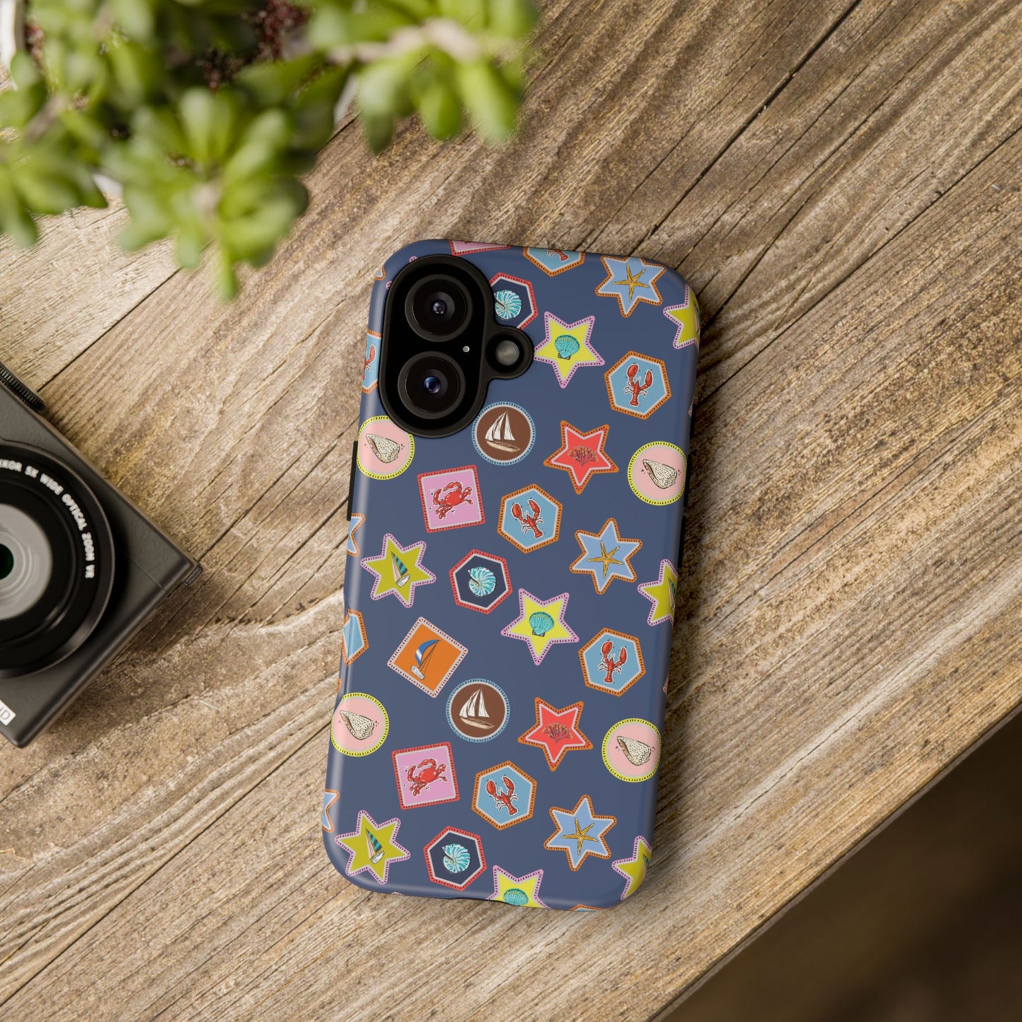 Lobsters Sailboats and Seashells on Navy Blue Phone Case