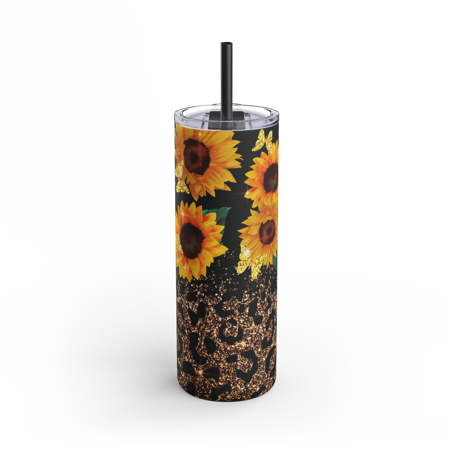 Sunflower Glitter Butterfly Tumbler, 20oz Matte Tumbler, Sunflowers, Glitter, Butterflies, Tumbler with Straw