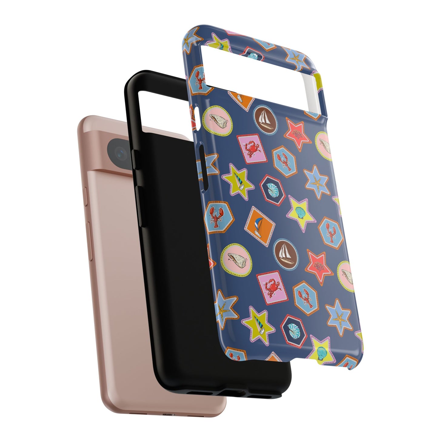 Lobsters Sailboats and Seashells on Navy Blue Phone Case