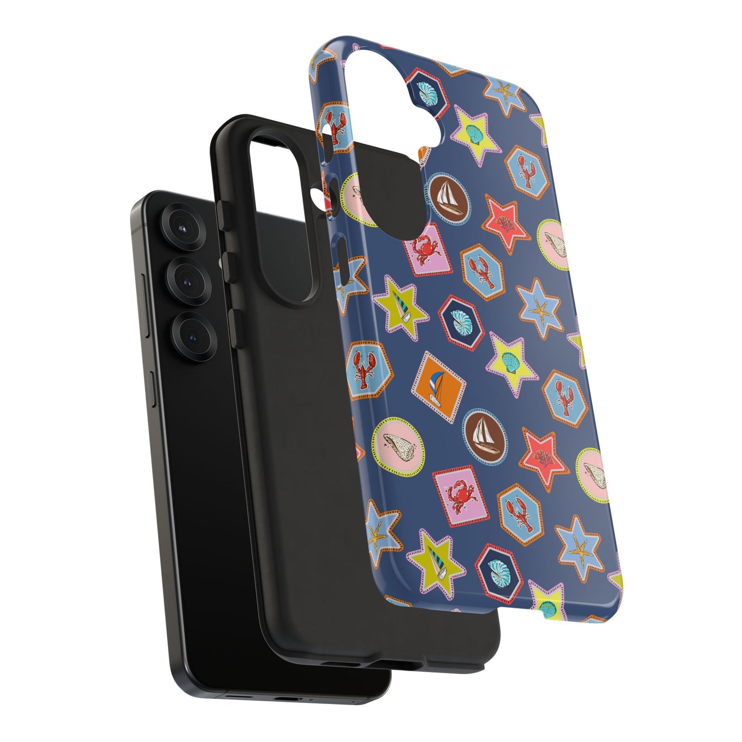 Lobsters Sailboats and Seashells on Navy Blue Phone Case