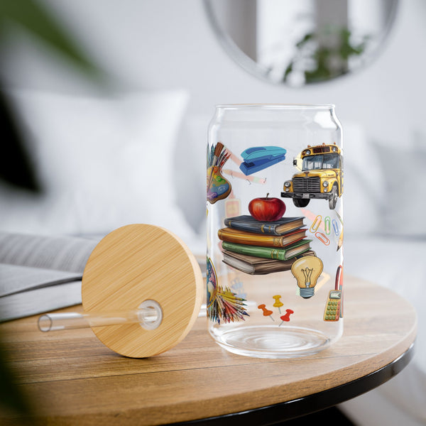 Teacher 16oz Glass, Back to School Can Glass, Teacher Gift Cup, Glass Jar with Lid and Straw, 16oz Glass Cup, Libbey Cup