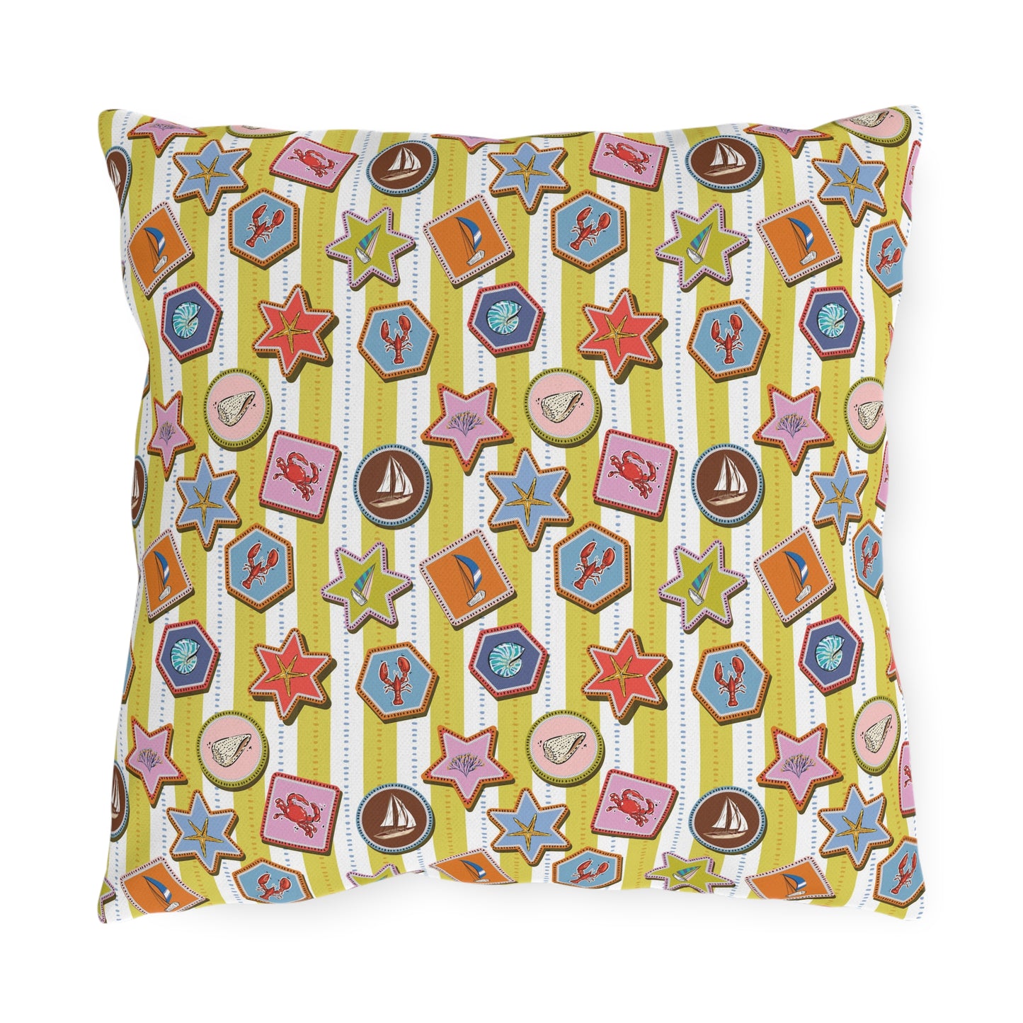 Coastal Nautical Outdoor Throw Pillow – Beach House Patio Cushion with Lobsters, Sailboats & Seashells