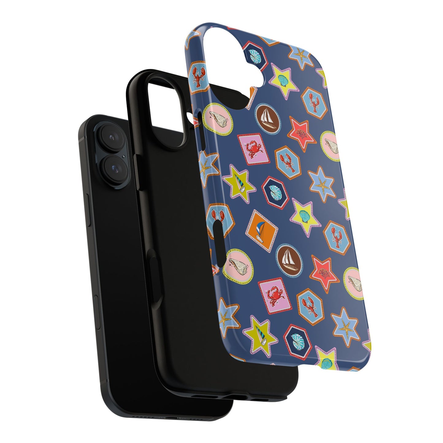 Lobsters Sailboats and Seashells on Navy Blue Phone Case