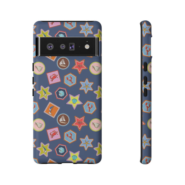 Lobsters Sailboats and Seashells on Navy Blue Phone Case