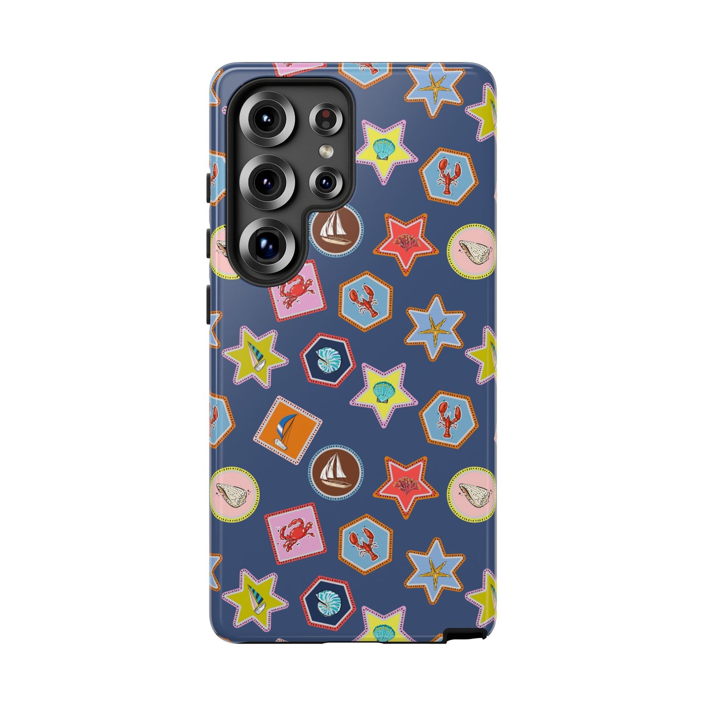 Lobsters Sailboats and Seashells on Navy Blue Phone Case