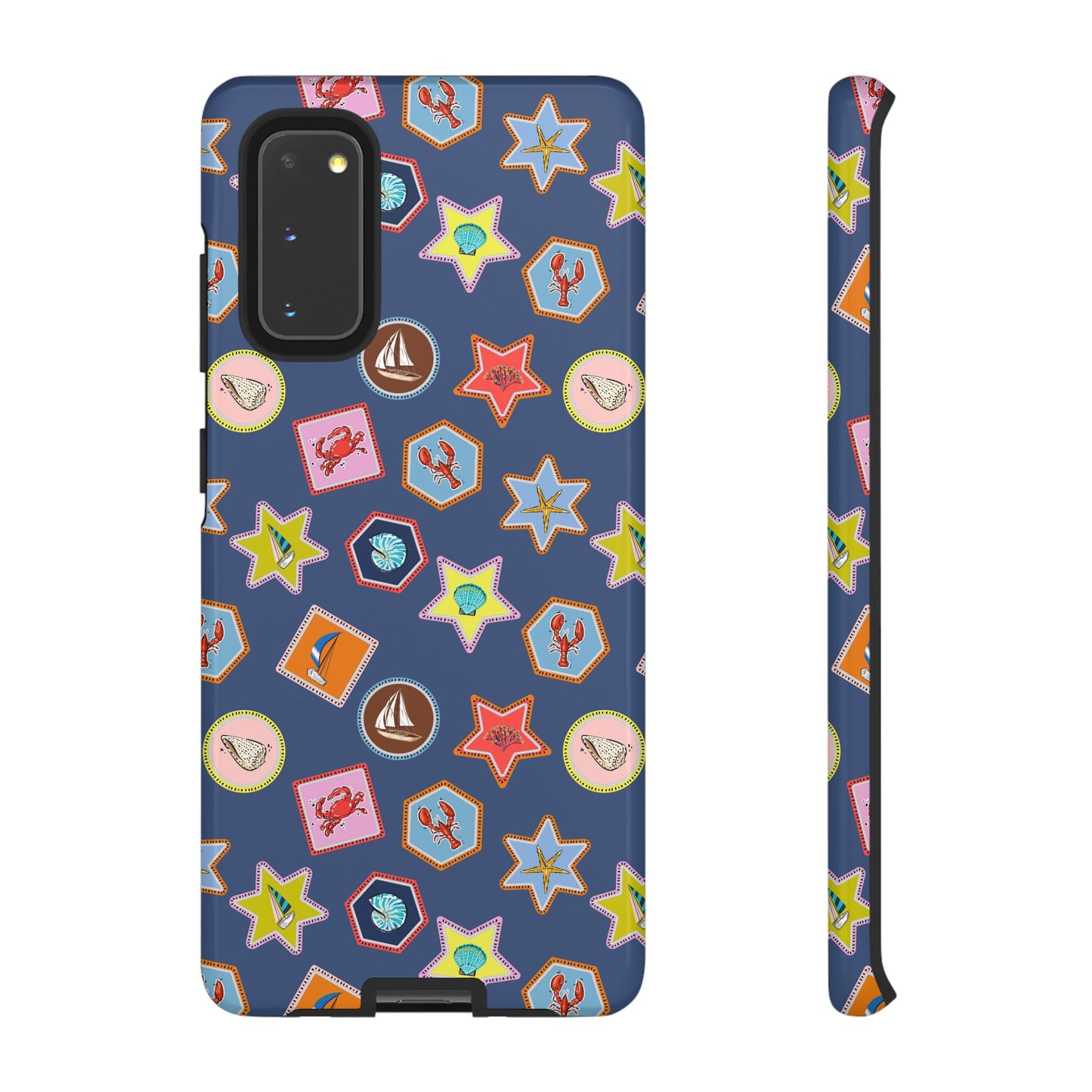 Lobsters Sailboats and Seashells on Navy Blue Phone Case