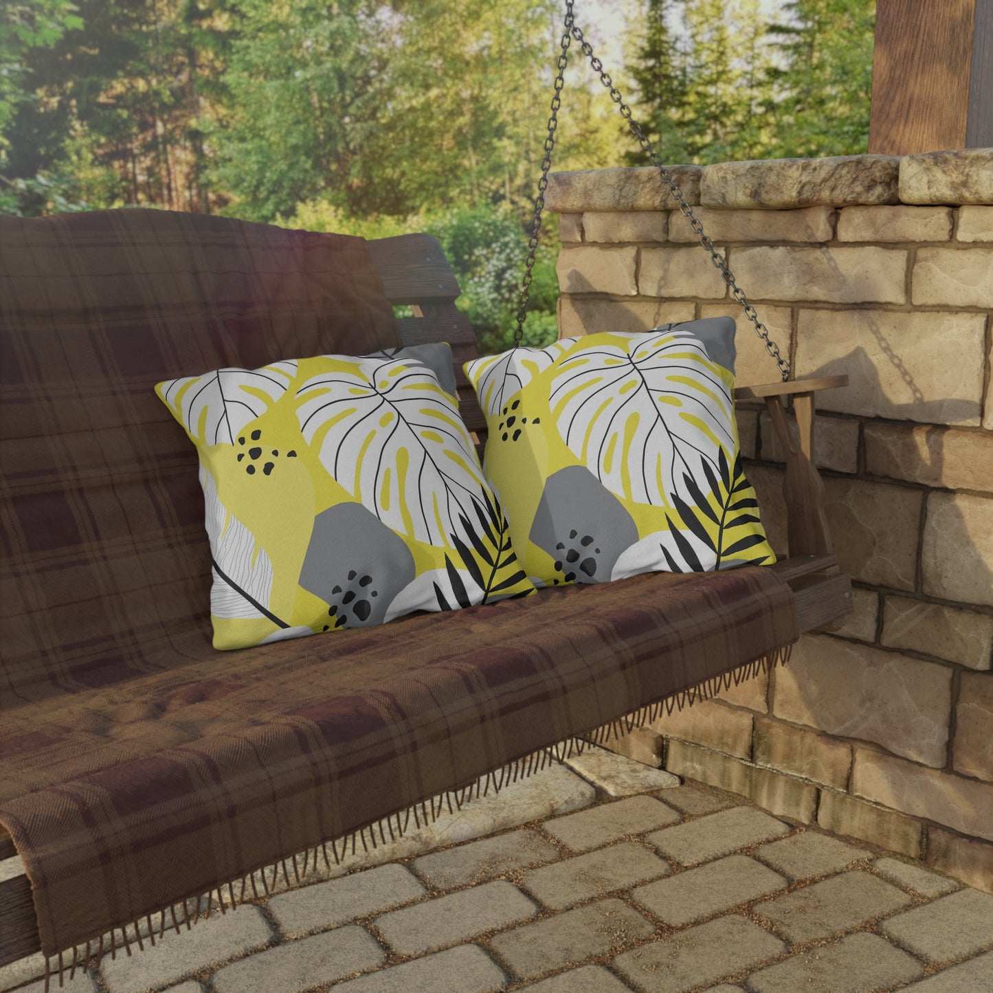 Yellow and White Palm Leaf Flora - Outdoor Throw Pillow