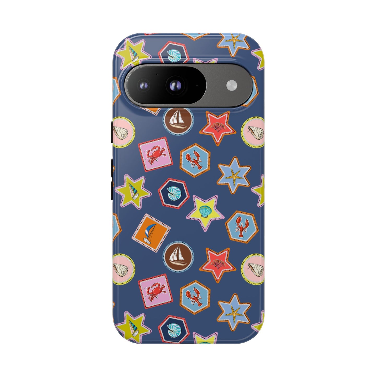 Lobsters Sailboats and Seashells on Navy Blue Phone Case