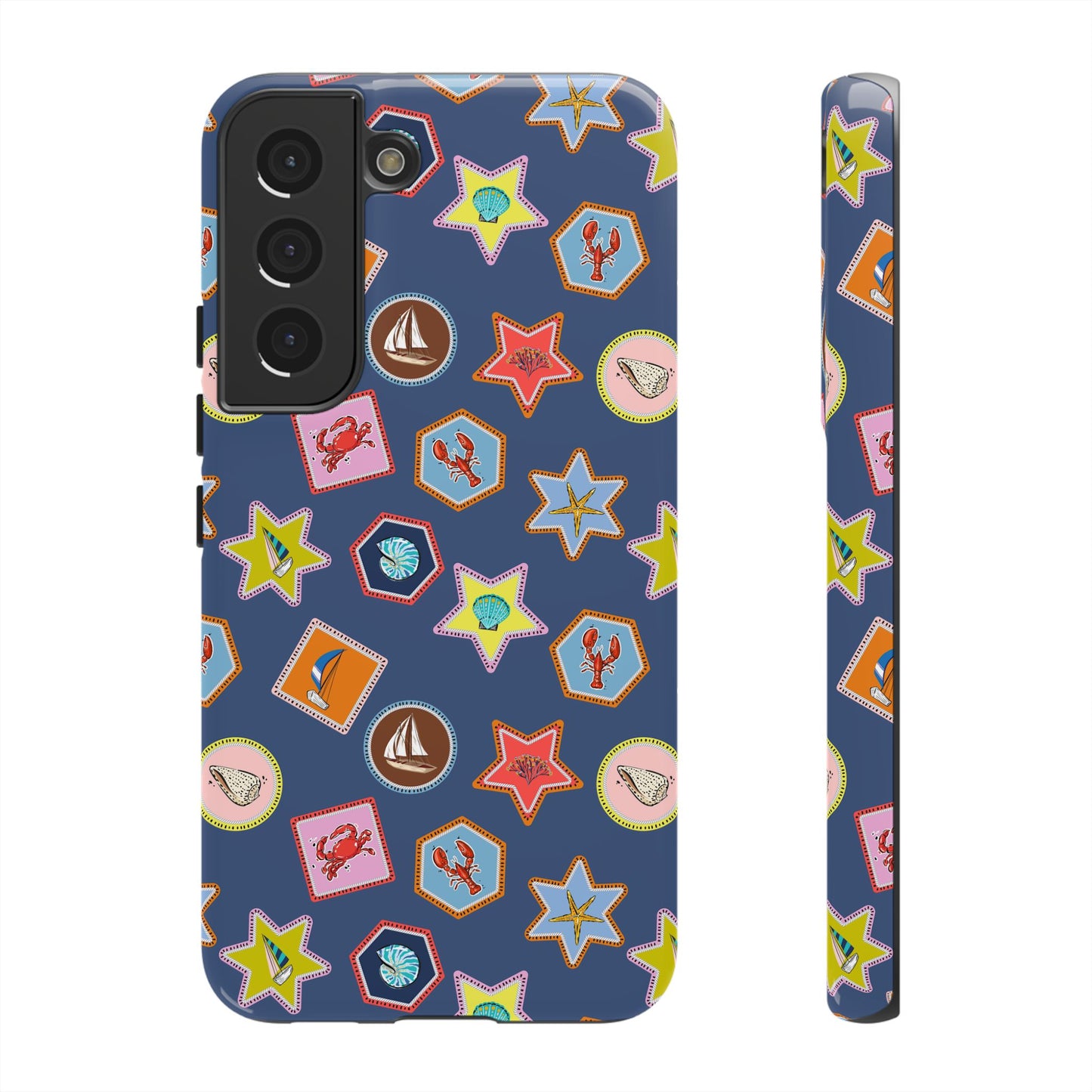 Lobsters Sailboats and Seashells on Navy Blue Phone Case