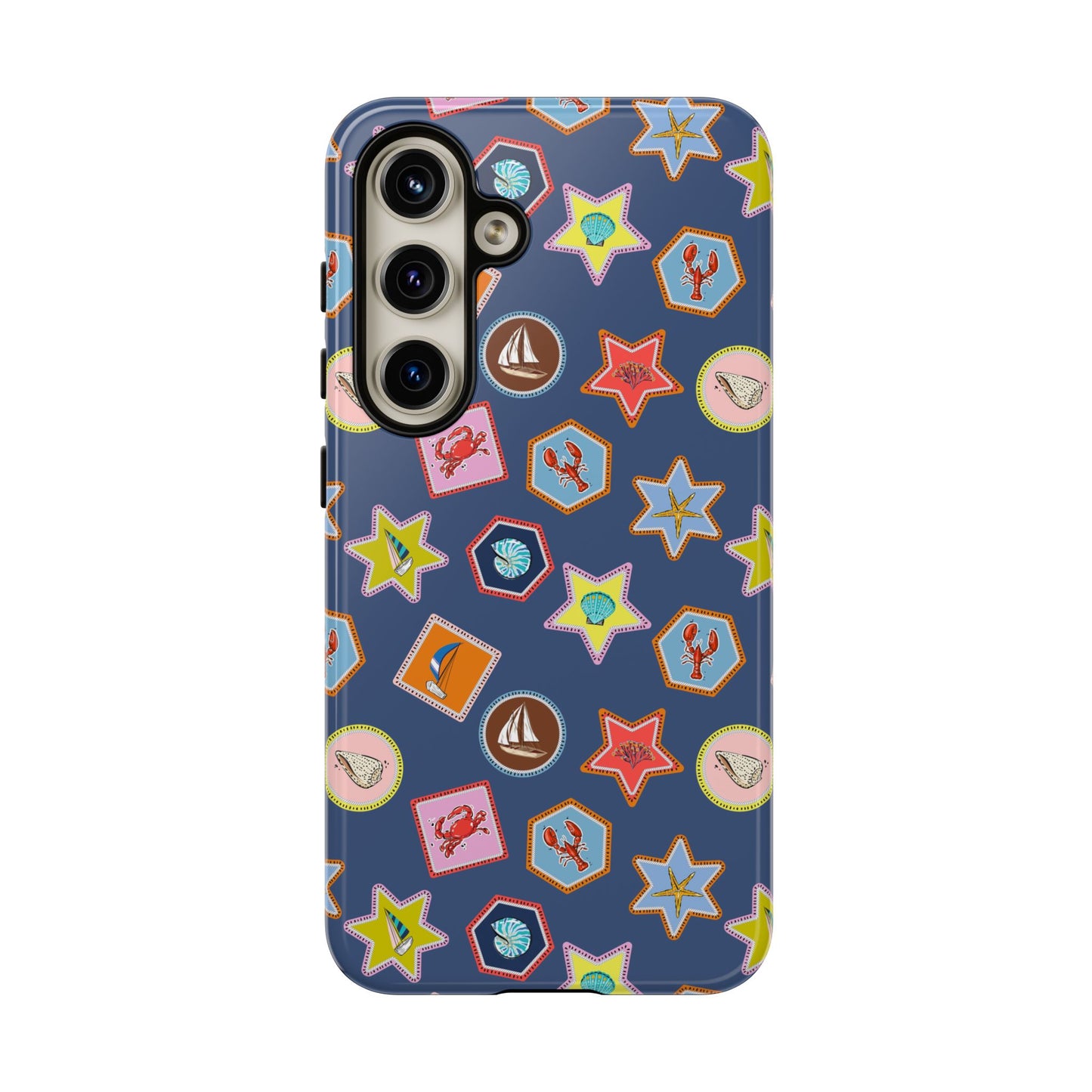 Lobsters Sailboats and Seashells on Navy Blue Phone Case