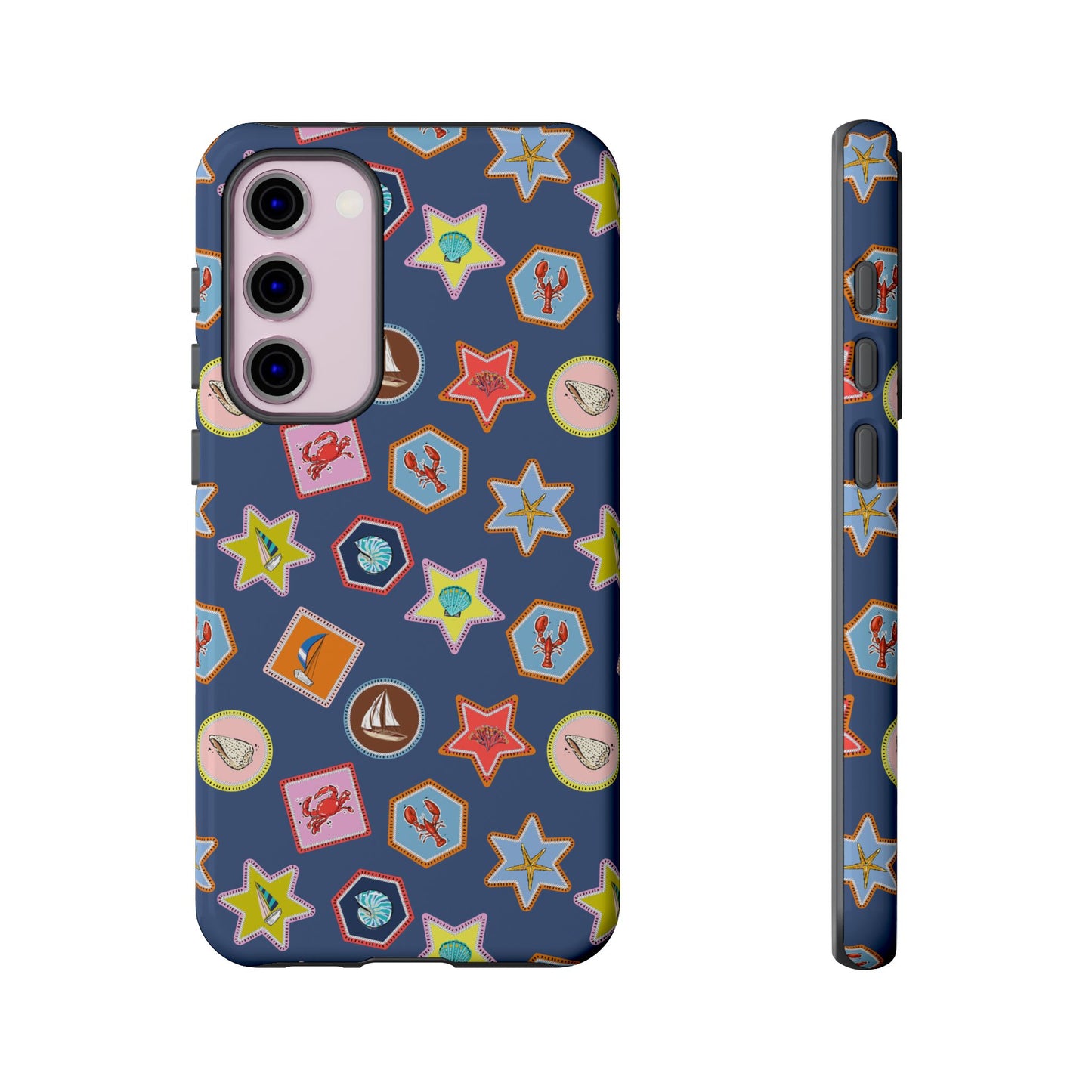 Lobsters Sailboats and Seashells on Navy Blue Phone Case