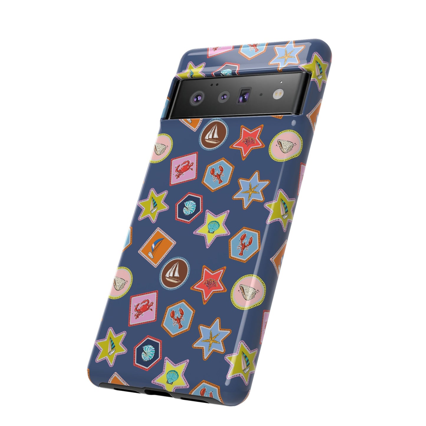 Lobsters Sailboats and Seashells on Navy Blue Phone Case