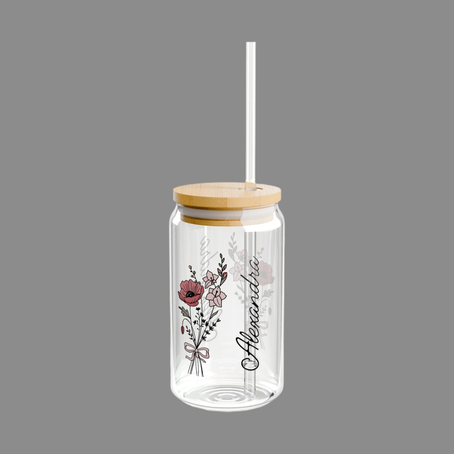 Personalized August Flower - 16oz Glass With Lid and Straw