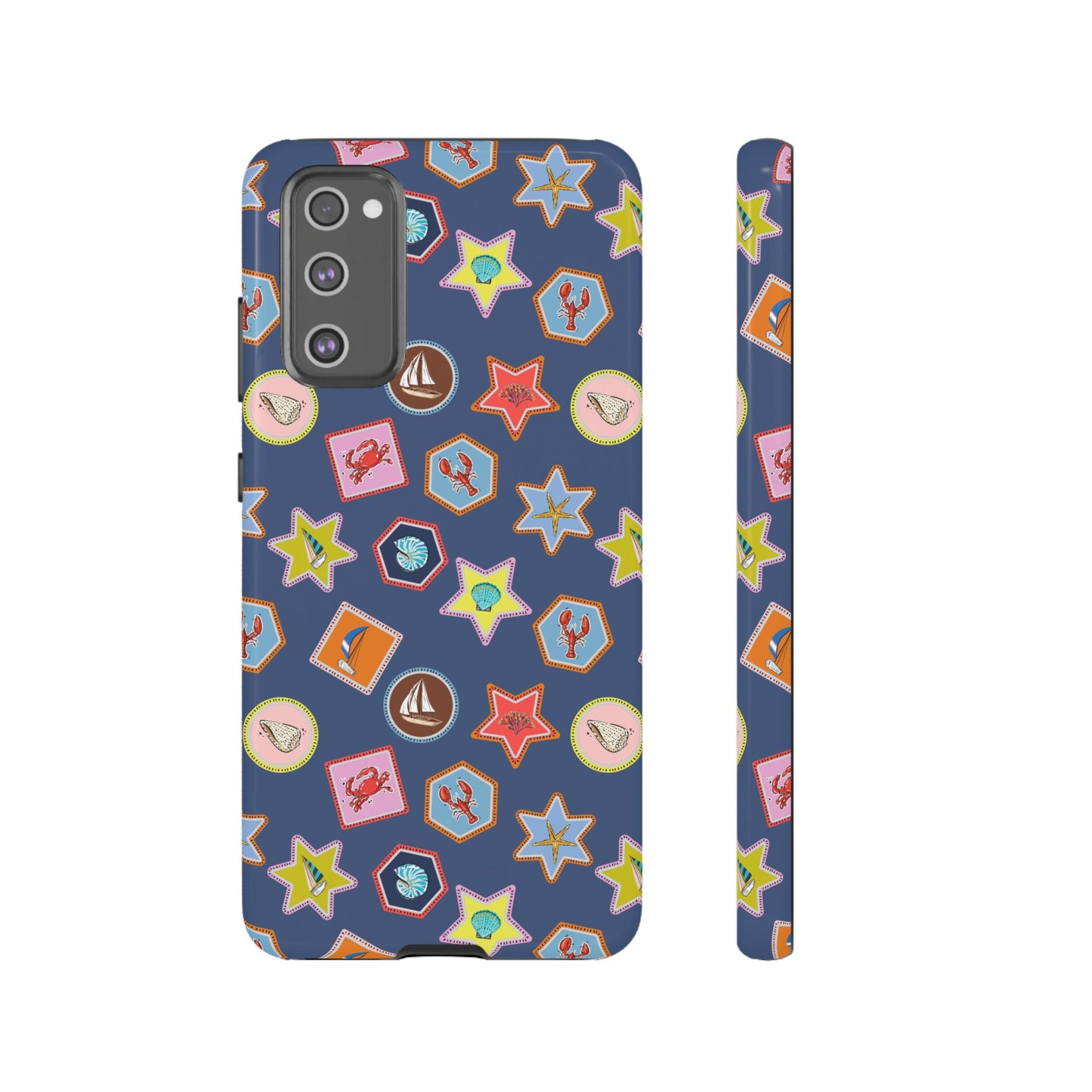 Lobsters Sailboats and Seashells on Navy Blue Phone Case