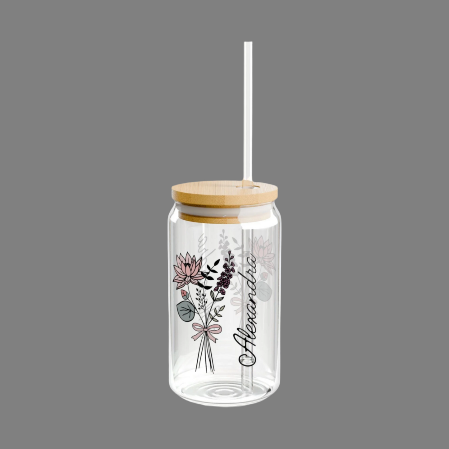 Personalized July Flower - 16oz Glass With Lid and Straw