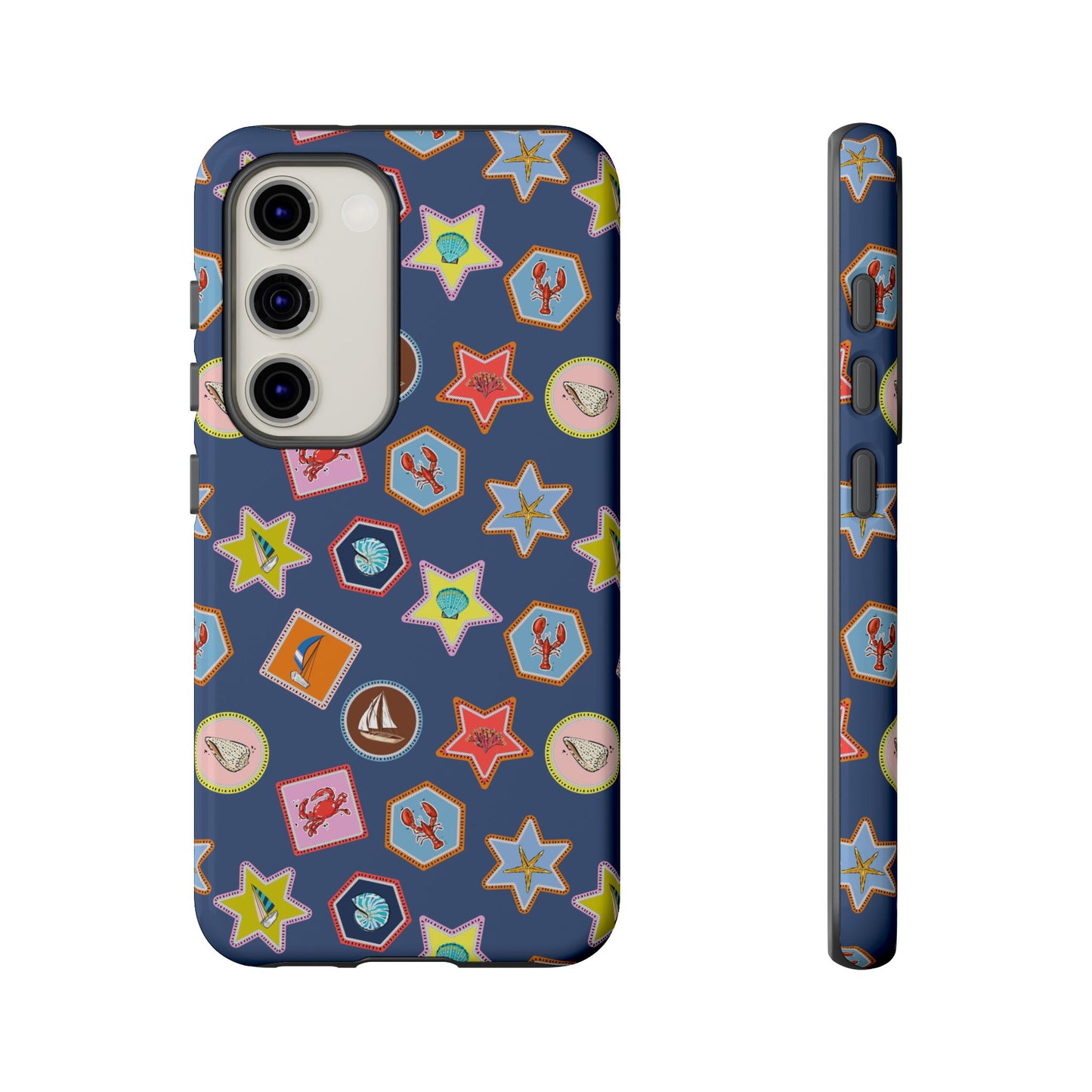 Lobsters Sailboats and Seashells on Navy Blue Phone Case