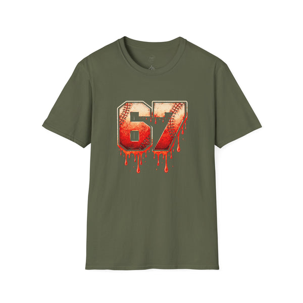 67 Baseball Drip T-Shirt - Vintage Distressed Sports Jersey Style - Grunge Streetwear Graphic Tee for Men & Women