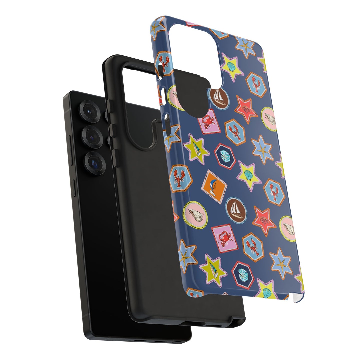 Lobsters Sailboats and Seashells on Navy Blue Phone Case