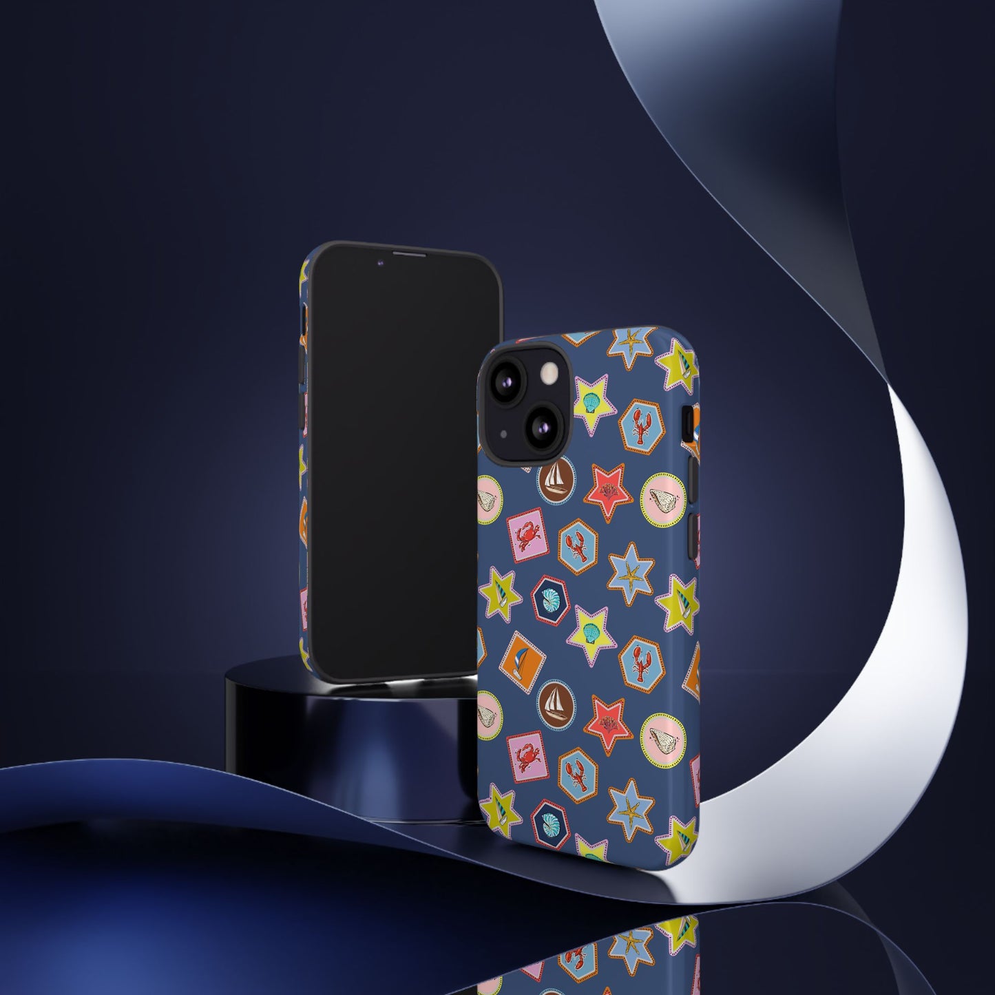 Lobsters Sailboats and Seashells on Navy Blue Phone Case