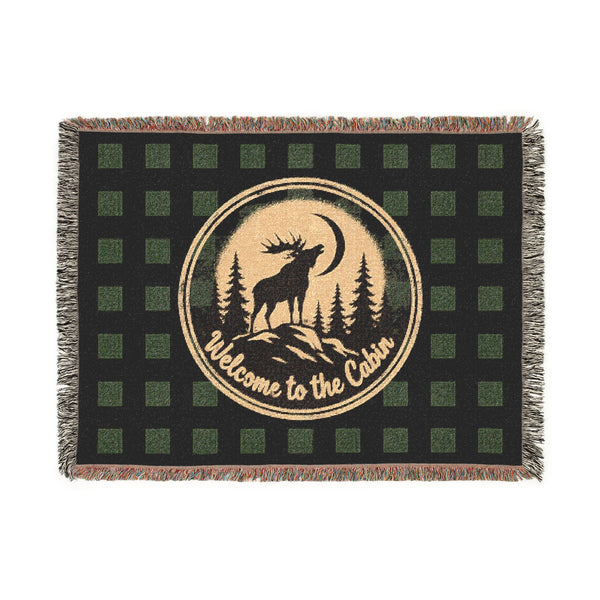 Welcome to the Cabin Woven Blanket | Moose & Pine Tree Buffalo Plaid Throw | Rustic Lodge Cabin Decor | Fall & Winter Gift