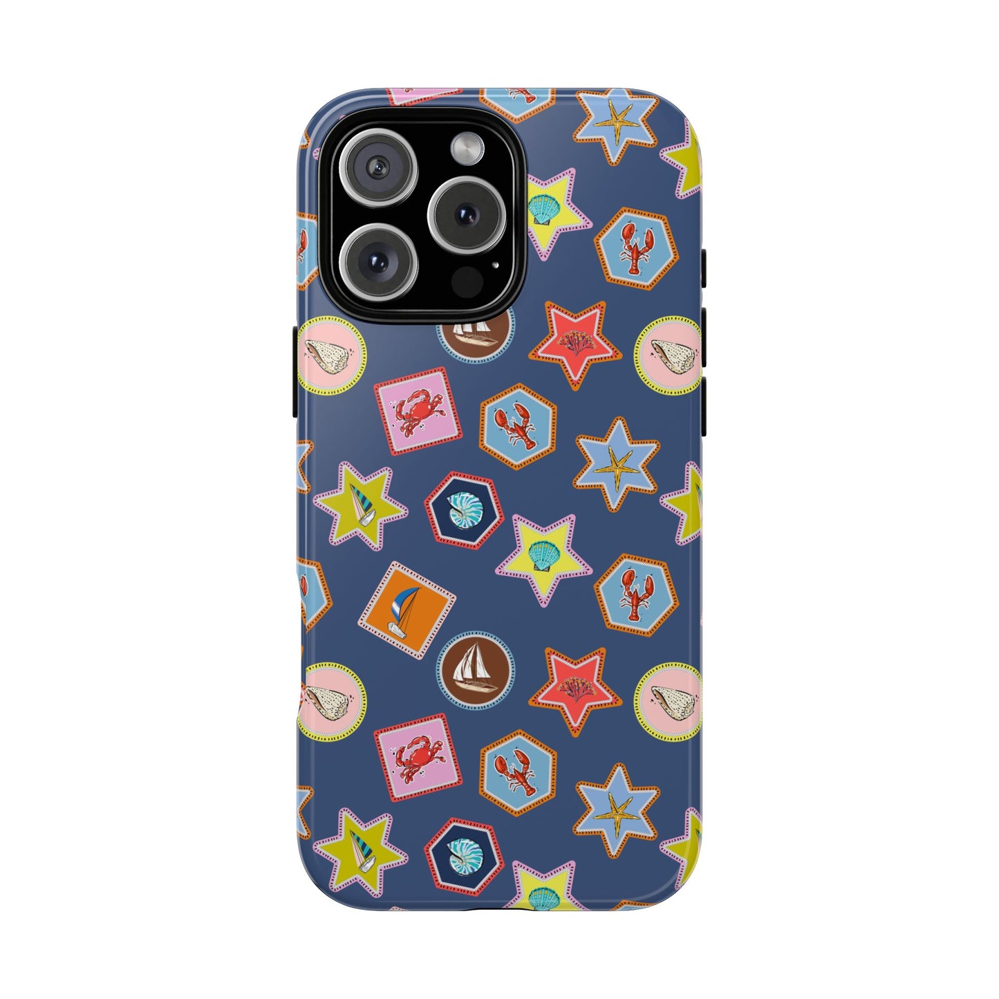 Lobsters Sailboats and Seashells on Navy Blue Phone Case